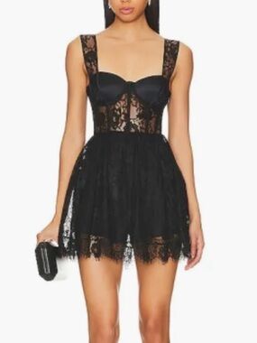 Fleur du Mal Black Lace Flare Mini Dress with Structured Cups